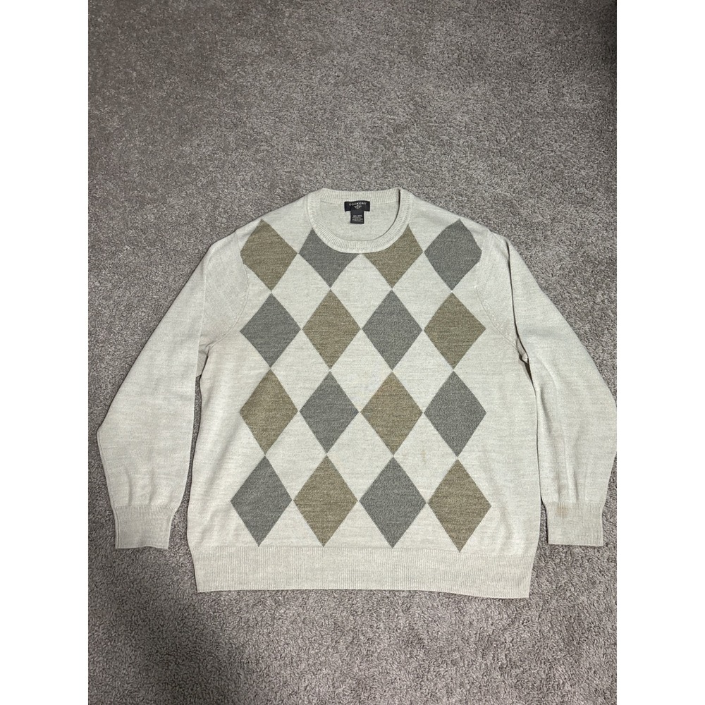 Y2K Dockers Mens XXL Argyle Crewneck Sweater Oatmeal Grey Tan Acrylic Pullover